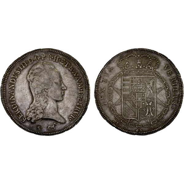 ITALY: TUSCANY: Ferdinando III, 1791-1801, AR francescone (10 paoli), 1799, VF-XF