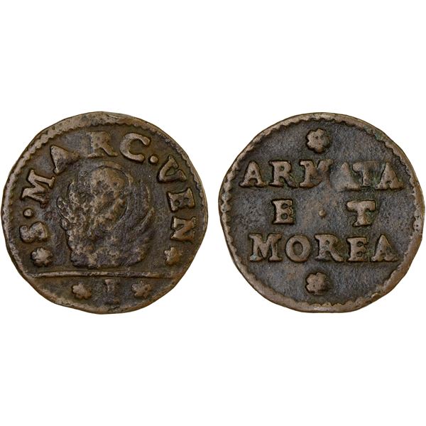 ITALY: VENETIAN COLONIES: ARMATA AND MOREA: Venetian Colony, AE soldo (3.25g), ND (1688-1714), Fine