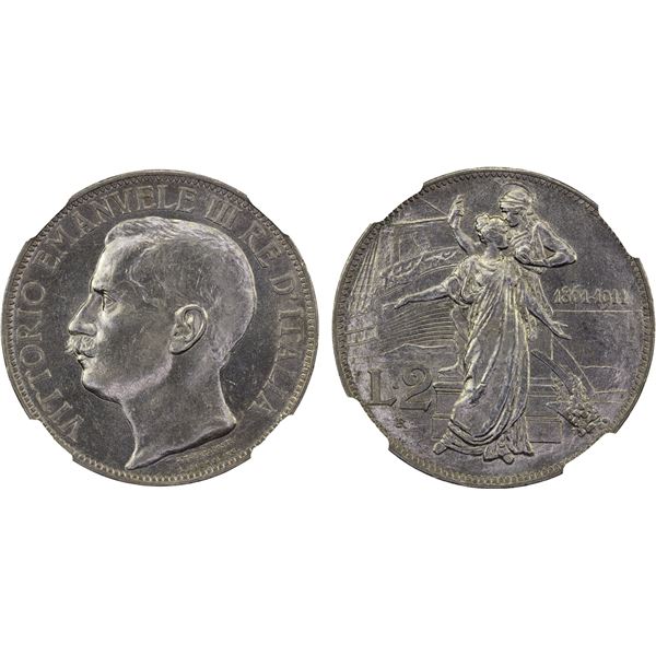 ITALY: Vittorio Emanuele III, 1900-1946, AR 2 lire, 1911-R, NGC MS62