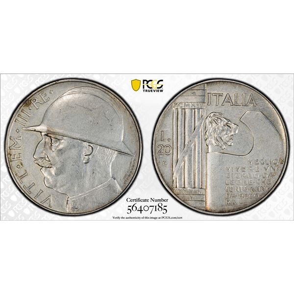 ITALY: Vittorio Emanuele III, 1900-1946, AR 20 lire, 1928-R year VI, PCGS AU details