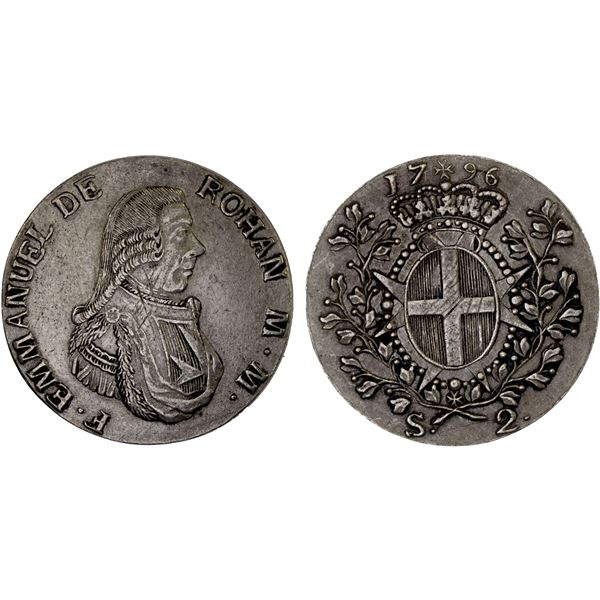 MALTA: SOVEREIGN MILITARY ORDER: Emmanuel de Rohan, 1775-1797, AR 2 scudi (21.40g), 1796, XF