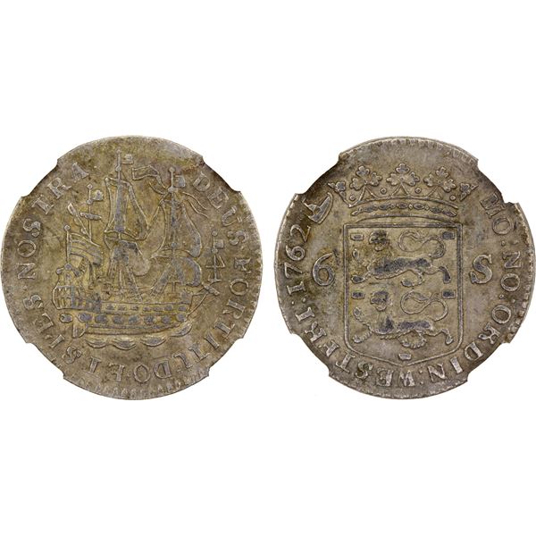 NETHERLANDS: WEST FRIESLAND: United Netherlands, AR 6 stuivers (scheepjesschelling), 1762, NGC AU55