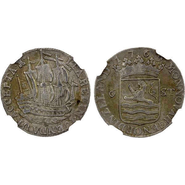 NETHERLANDS: ZEELAND: United Netherlands, AR 6 stuivers (scheepjesschelling), 1769, NGC AU55