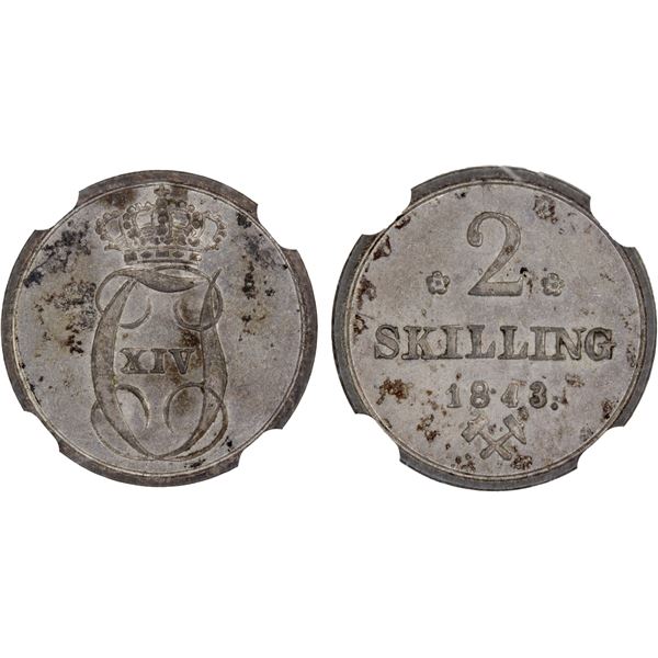 NORWAY: Carl XIV Johan, 1818-1844, BI 2 skilling, 1843, NGC MS63