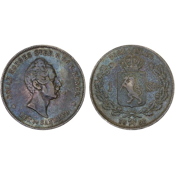 NORWAY: Oscar I, 1844-1859, AR specie daler, 1850, F-VF