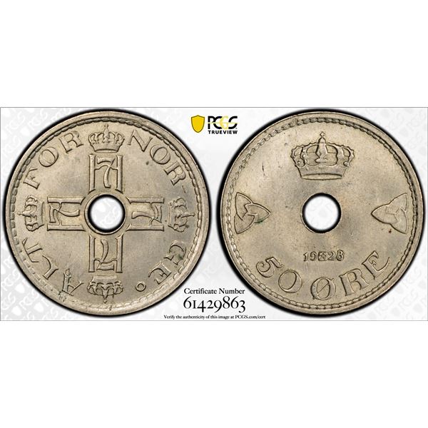 NORWAY: Haakon VII, 1905-1957, 50 øre, 1928/7, PCGS MS64