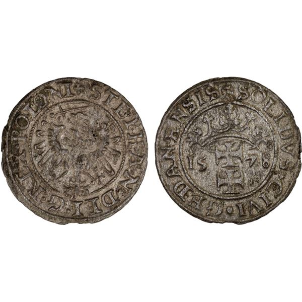 POLAND: Stefan Báthory, 1576-1586, AR schilling, Danzig, 1578, XF