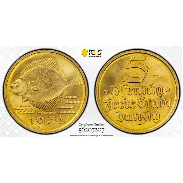 POLAND: DANZIG: Free City, AE 5 pfennig, 1932, PCGS MS65