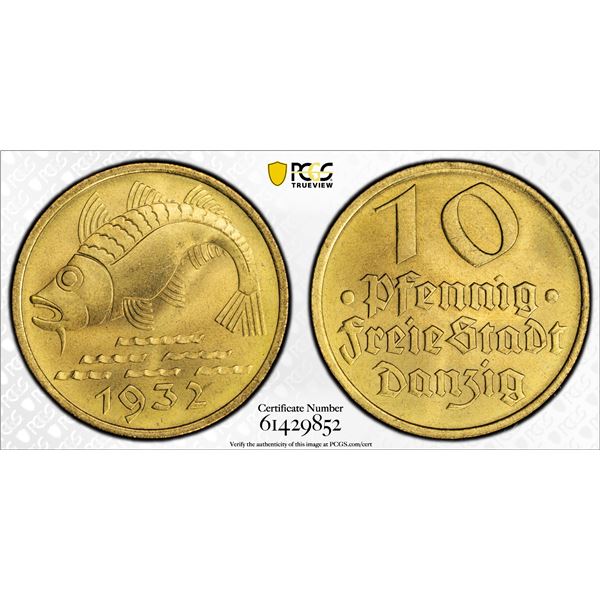 POLAND: DANZIG: Free City, 10 pfennig, 1932, PCGS MS65