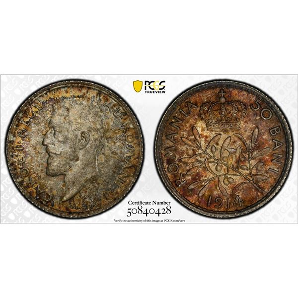 ROMANIA: Carol I, 1881-1914, AR 50 bani, Brussels, 1914, PCGS MS65