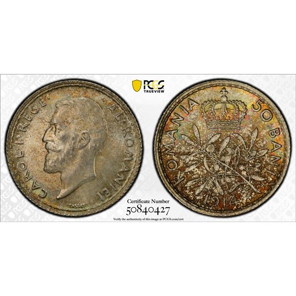 ROMANIA: Carol I, 1881-1914, AR 50 bani, Brussels, 1914, PCGS MS64