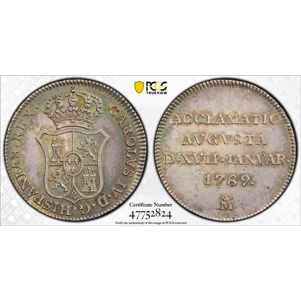 SPAIN: Carlos IV, 1788-1808, AR medal, Madrid, 1789-M, PCGS MS62