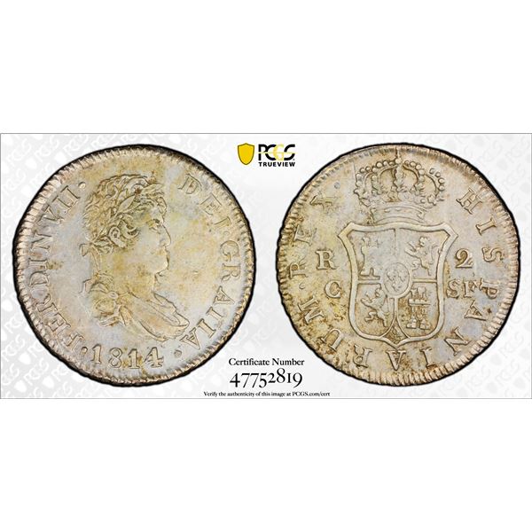 SPAIN: Fernando VII, 1808-1833, AR 2 reales, 1814-C, PCGS AU55