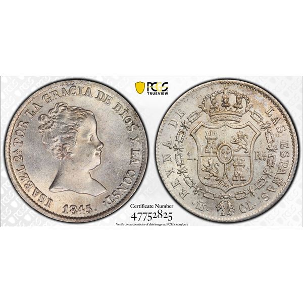 SPAIN: Isabel II, 1833-1868, AR real, Madrid, 1845-M, PCGS MS64