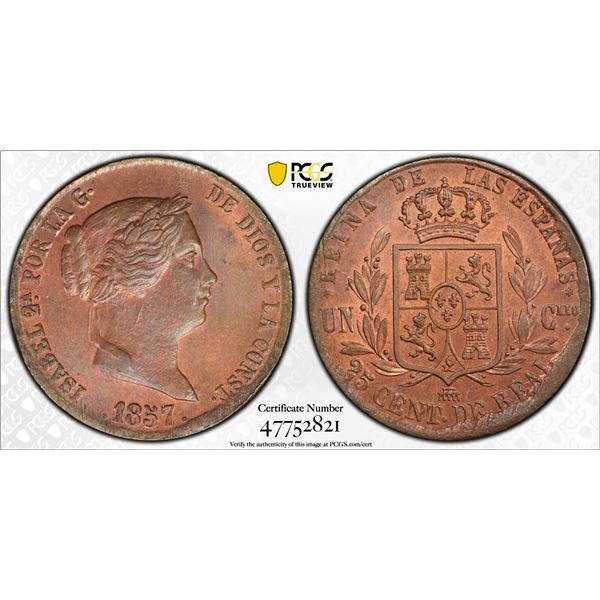 SPAIN: Isabel II, 1833-1868, AE 25 centimos, Segovia, 1857, PCGS MS65 RB