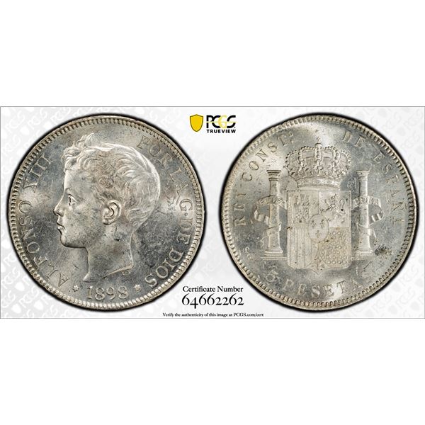 SPAIN: Alfonso XIII, 1886-1931, AR 5 pesetas, 1898 (98), PCGS MS61