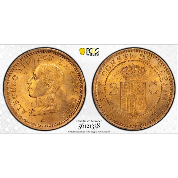 SPAIN: Alfonso XIII, 1886-1931, AE 2 centimos, 1911, PCGS MS65 RD