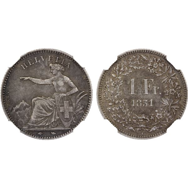 SWITZERLAND: Confederation, AR franc, 1851-A, NGC XF40