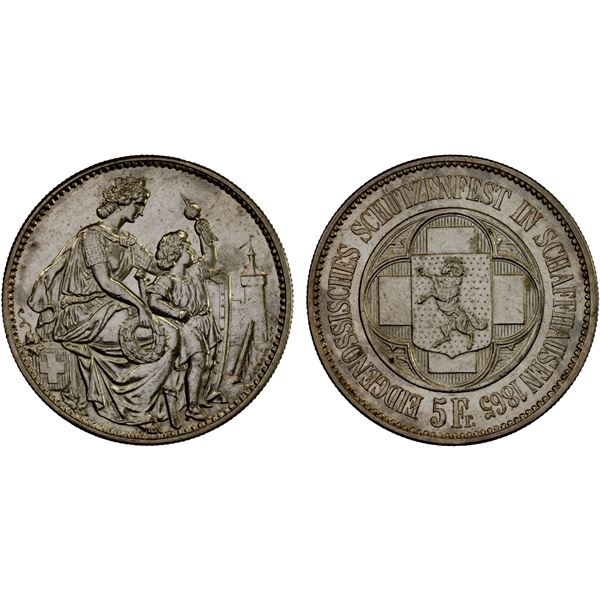 SWITZERLAND: Confederation, AR 5 francs (24.96g), 1865, Choice AU