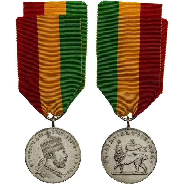 ETHIOPIA: Menelik II, 1889-1913, "AR" medal, ND, Choice AU