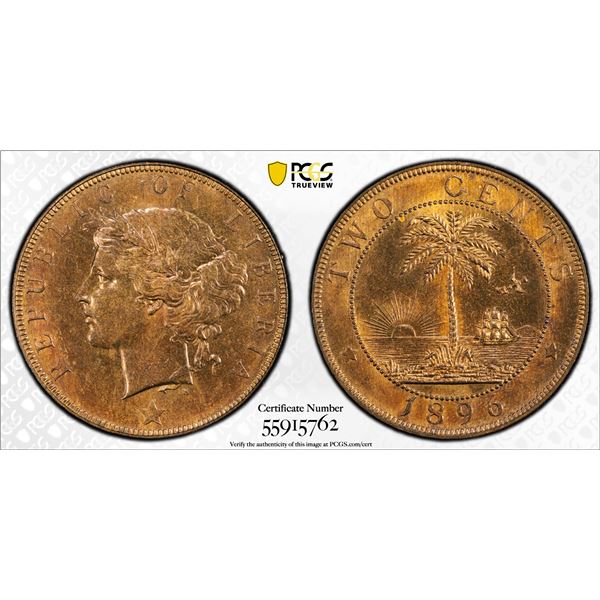 LIBERIA: Republic, AE 2 cents, 1896, PCGS MS65 RB