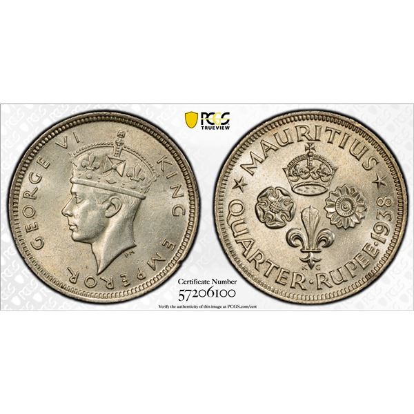 MAURITIUS: George VI, 1936-1952, AR 1/4 rupee, 1938, PCGS MS62