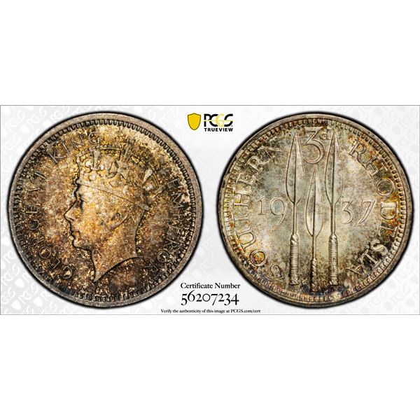 SOUTHERN RHODESIA: George VI, 1936-1952, AR 3 Pence, 1937, PCGS MS65