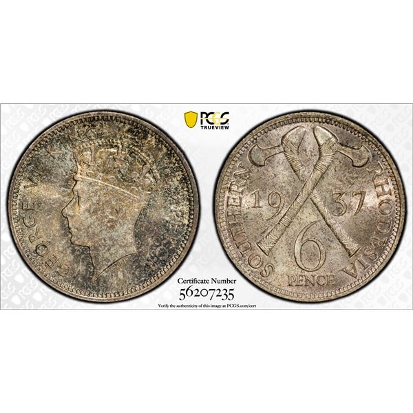 SOUTHERN RHODESIA: George VI, 1936-1952, AR 6 Pence, 1937, PCGS MS66