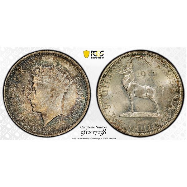 SOUTHERN RHODESIA: George VI, 1936-1952, AR 2 shillings, 1937, PCGS MS65