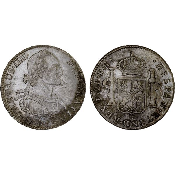 BOLIVIA: Carlos IV, 1788-1808, AR 2 reales, 1791-PTS, XF-AU