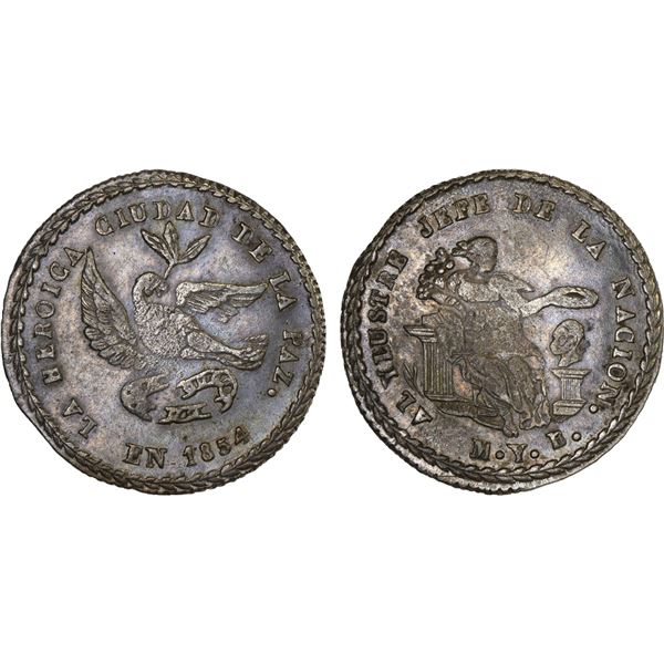 BOLIVIA: Republic, AR medalet (3.28g), 1854, XF-AU
