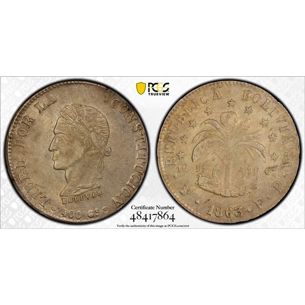 BOLIVIA: Republic, AR 8 soles, 1863-PTS, PCGS AU58