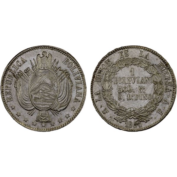 BOLIVIA: Republic, AR boliviano, 1864-PTS, XF-AU