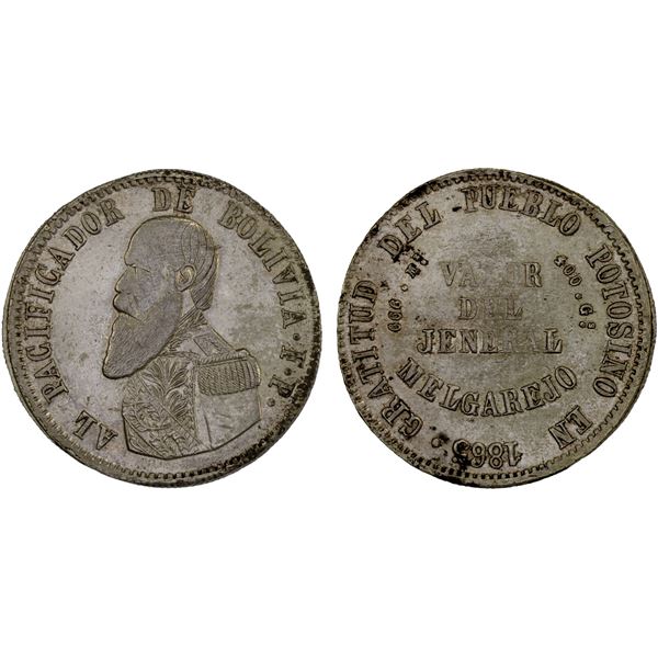 BOLIVIA: Republic, AR melgarejo, 1865, AU