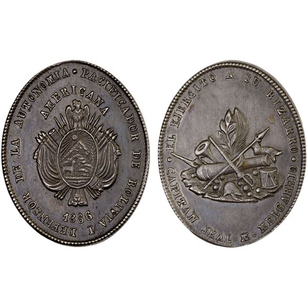 BOLIVIA: Republic, AR medal (6.60g), 1866, Choice AU