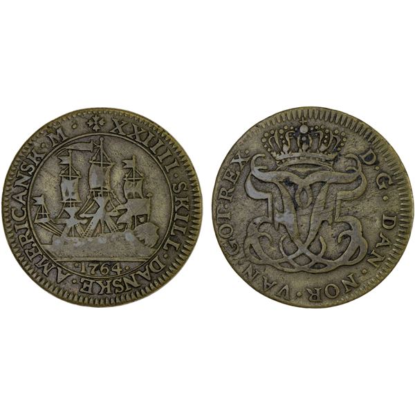 DANISH WEST INDIES: Frederik V, 1746-1766, AR 24 skilling (6.17g), 1764, VF