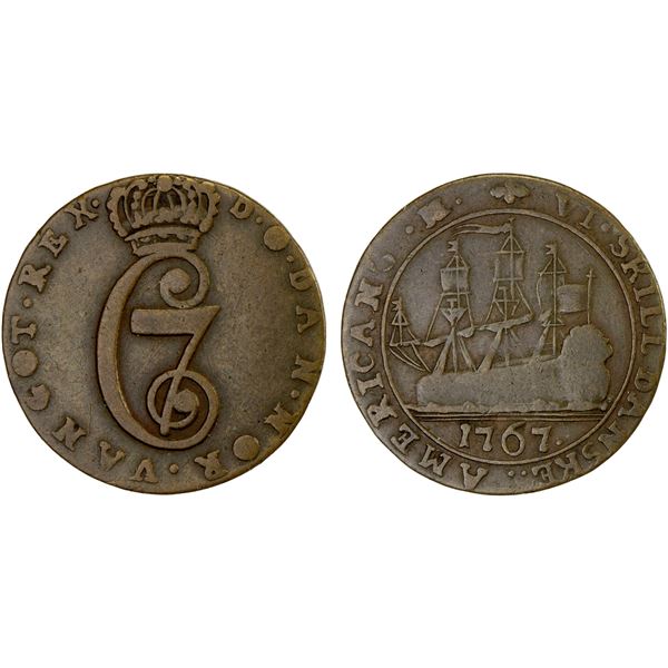 DANISH WEST INDIES: Christian VII, 1766-1808, AR 6 skilling (1.72g), 1767, F-VF