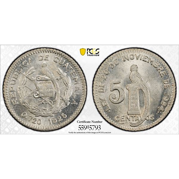 GUATEMALA: Republic, AR 5 centavos, 1925, PCGS MS65