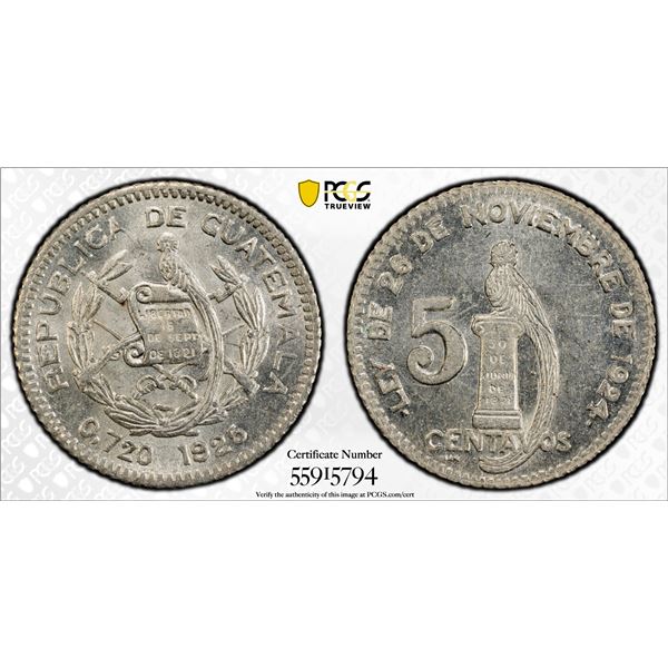 GUATEMALA: Republic, AR 5 centavos, 1925, PCGS MS64