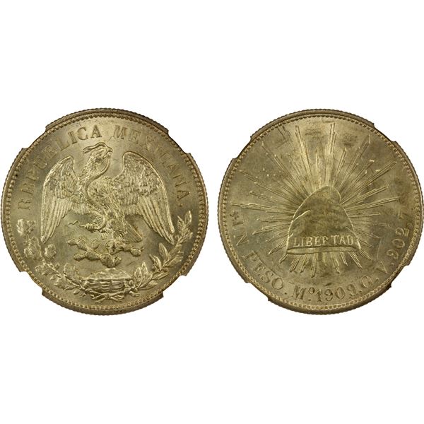 MEXICO: Estados Unidos, AR peso, 1909-Mo, NGC MS62