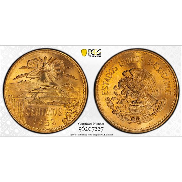 MEXICO: Estados Unidos, AE 20 centavos, 1952-Mo, PCGS MS67 RD