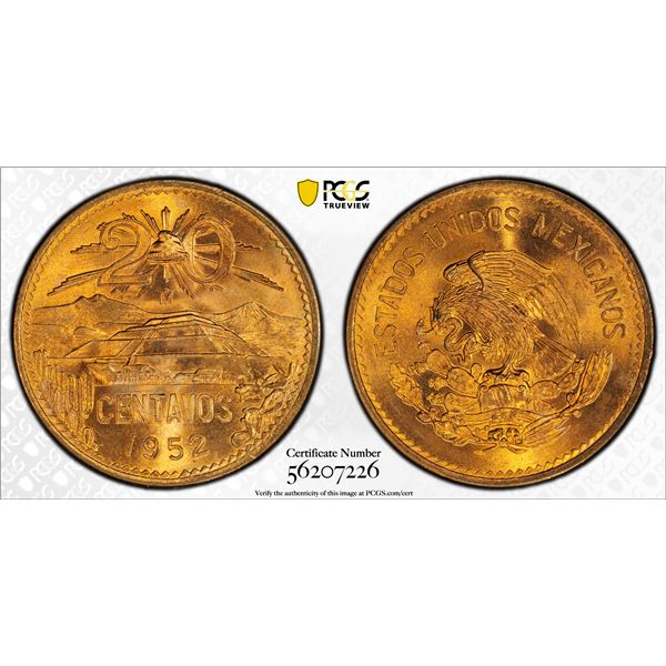 MEXICO: Estados Unidos, AE 20 centavos, 1952-Mo, PCGS MS66 RD