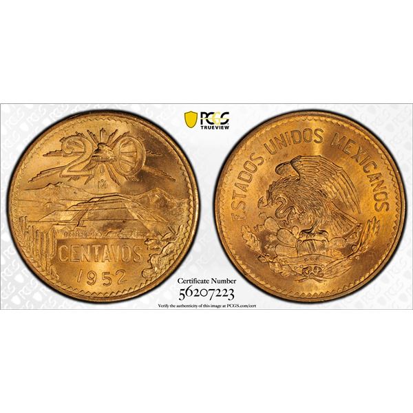 MEXICO: Estados Unidos, AE 20 centavos, 1952-Mo, PCGS MS66 RD