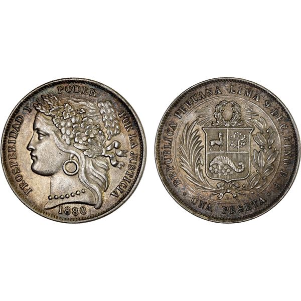 PERU: Republic, AR peseta, 1880, Choice AU