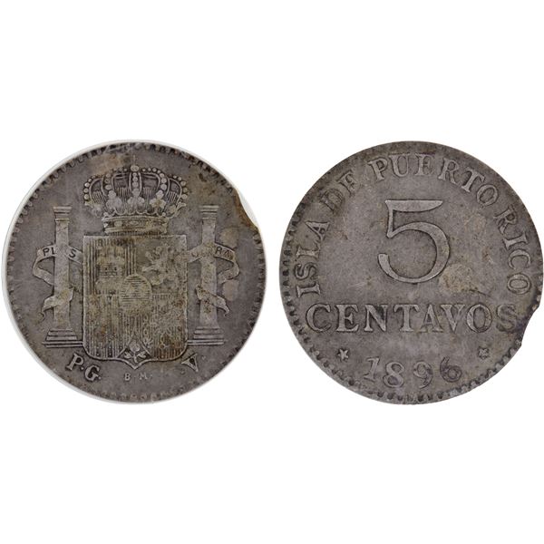 PUERTO RICO: Spanish Colony, AR 5 centavos, 1896, ANACS VF30