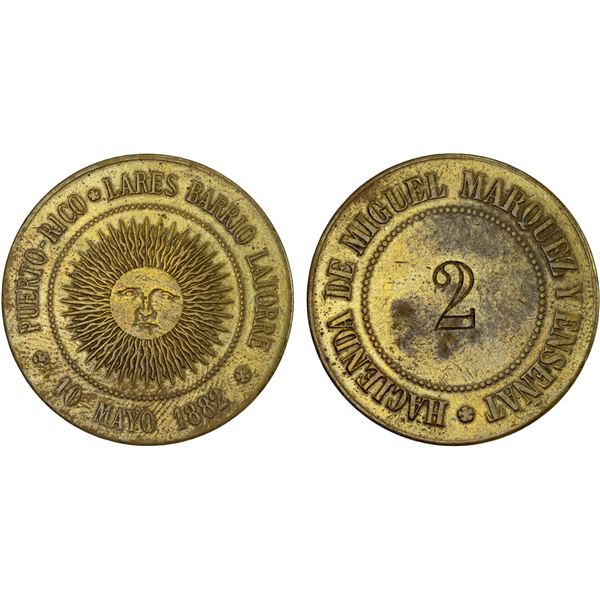 PUERTO RICO: Spanish Colony, 2 (almudes) token (6.92g), 1882, VF