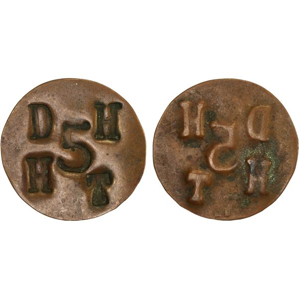 PUERTO RICO: AE 5 (almudes) token (2.86g), ND (ca. 1890's?), VF