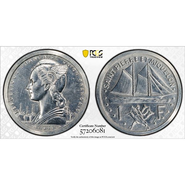 ST. PIERRE & MIQUELON: French Overseas Territory, 1 franc, 1948, PCGS Specimen 63