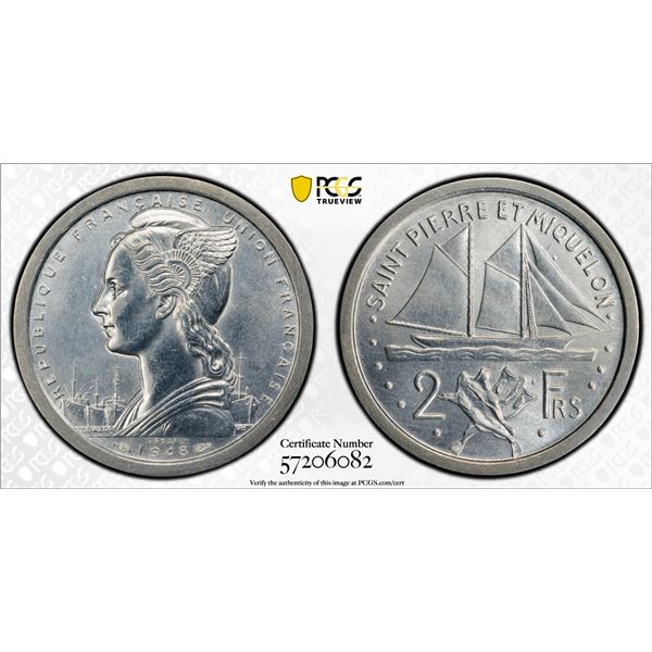 ST. PIERRE & MIQUELON: French Overseas Territory, 2 francs, 1948, PCGS Specimen 62