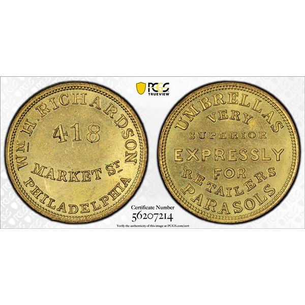 UNITED STATES: AE token, Wm. H. Richardson, Philadelphia, Pennsylvania, 1858, PCGS MS64